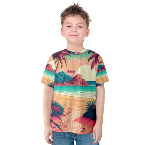 Palm Trees Tropical Ocean Sunset Sunrise Landscape Kids  Cotton Tee by Pakemis