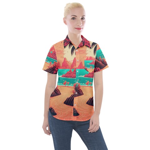 Tropical Beach Sea Jungle Ocean Landscape Women s Short Sleeve Pocket Shirt by Pakemis