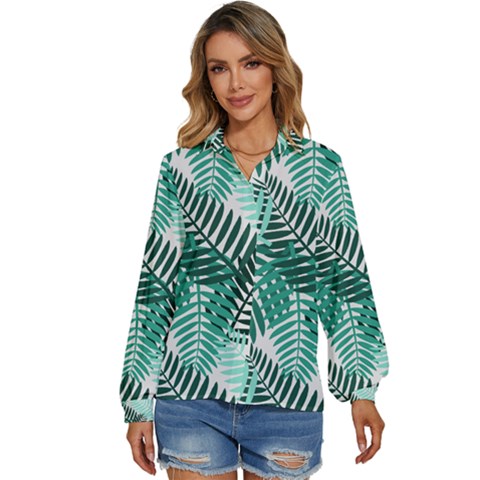 Background Pattern Texture Leaves Design Wallpaper Women s Long Sleeve Button Down Shirt by Wegoenart