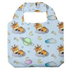 Pattern Giraffe Animal Seamless Scrapbooking Blue Premium Foldable Grocery Recycle Bag by Wegoenart