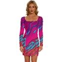 Colorful Abstract Fluid Art Long Sleeve Square Neck Bodycon Velvet Dress View1