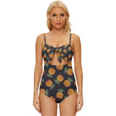 Pineapple Background Pineapple Pattern Knot Front One-piece Swimsuit by Wegoenart