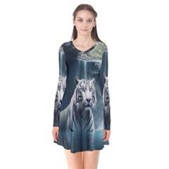 Tiger White Tiger Nature Forest Long Sleeve V-neck Flare Dress by Jancukart