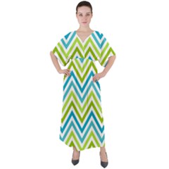 Green Chevron V-neck Boho Style Maxi Dress by GardenOfOphir