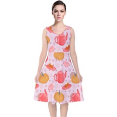 Pumpkin Tea Cup Pie Dessert V-neck Midi Sleeveless Dress  by Semog4