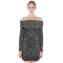 Mandala Rosette Kaleidoscope Floral Background Long Sleeve Off Shoulder Dress by Jancukart