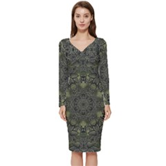 Mandala Rosette Kaleidoscope Floral Background Long Sleeve V-neck Bodycon Dress  by Jancukart