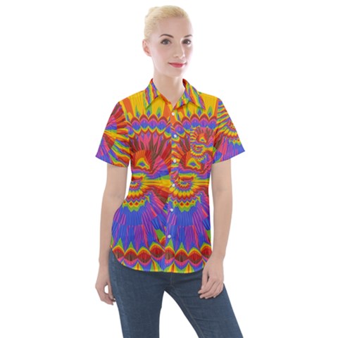 Colorful Spiral Abstract Swirl Twirl Art Pattern Women s Short Sleeve Pocket Shirt by Jancukart