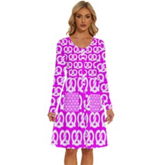 Pink Pretzel Illustrations Pattern Long Sleeve Dress With Pocket by GardenOfOphir