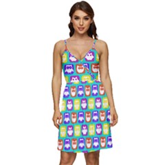 Colorful Whimsical Owl Pattern V-neck Pocket Summer Dress  by GardenOfOphir