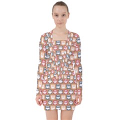 Colorful Whimsical Owl Pattern V-neck Bodycon Long Sleeve Dress by GardenOfOphir