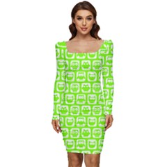 Lime Green And White Owl Pattern Women Long Sleeve Ruched Stretch Jersey Dress by GardenOfOphir