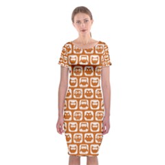 Orange And White Owl Pattern Classic Short Sleeve Midi Dress by GardenOfOphir