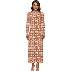 Orange And White Owl Pattern Long Sleeve Longline Maxi Dress by GardenOfOphir