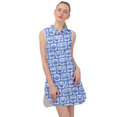 Blue And White Owl Pattern Sleeveless Shirt Dress by GardenOfOphir