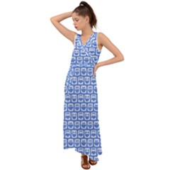 Blue And White Owl Pattern V-neck Chiffon Maxi Dress by GardenOfOphir