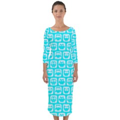 Aqua Turquoise And White Owl Pattern Quarter Sleeve Midi Bodycon Dress by GardenOfOphir