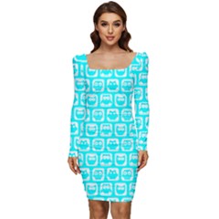 Aqua Turquoise And White Owl Pattern Women Long Sleeve Ruched Stretch Jersey Dress by GardenOfOphir