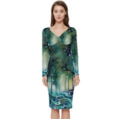 Trees Forest Mystical Forest Nature Long Sleeve V-neck Bodycon Dress  by Ravend