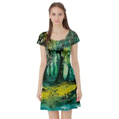 Ai Generated Trees Forest Mystical Forest Nature Art Short Sleeve Skater Dress by Ravend