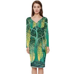 Nature Trees Forest Mystical Forest Jungle Long Sleeve V-neck Bodycon Dress  by Ravend