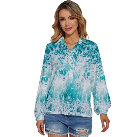 Tropical Blue Ocean Wave Women s Long Sleeve Button Down Shirt by Jack14