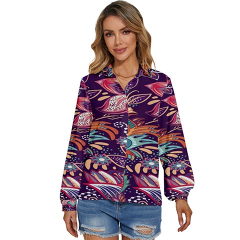 Ornamental Patterns Abstract Flower Pattern Purple Women s Long Sleeve Button Down Shirt by Jancukart