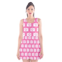 Pink Modern Chic Vector Camera Illustration Pattern Scoop Neck Skater Dress by GardenOfOphir