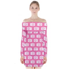 Pink Modern Chic Vector Camera Illustration Pattern Long Sleeve Off Shoulder Dress by GardenOfOphir