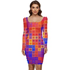 Squares Geometric Colorful Fluorescent Women Long Sleeve Ruched Stretch Jersey Dress by Jancukart