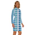 Blue Green Leaf Pattern Long Sleeve Shirt Collar Bodycon Dress View3