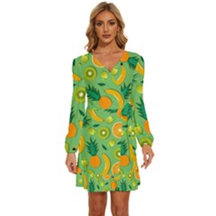 Fruit Tropical Pattern Design Art Long Sleeve Waist Tie Ruffle Velvet Dress by danenraven