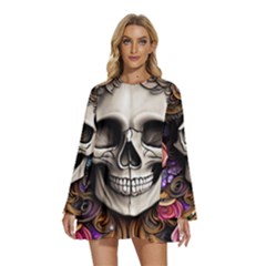 Skull Bones Round Neck Long Sleeve Bohemian Style Chiffon Mini Dress by GardenOfOphir