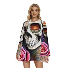 Sugar Skull Round Neck Long Sleeve Bohemian Style Chiffon Mini Dress by GardenOfOphir