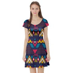 Pattern Colorful Aztec Short Sleeve Skater Dress by Ravend