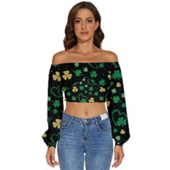 Clovers Flowers Clover Pat Long Sleeve Crinkled Weave Crop Top by Ravend