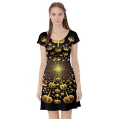 Mushroom Fungus Gold Psychedelic Short Sleeve Skater Dress by Ravend