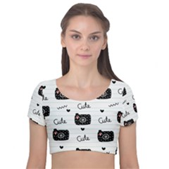 Cute-cutes Velvet Short Sleeve Crop Top  by nateshop