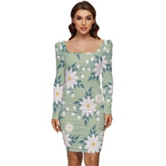 Flowers-108 Women Long Sleeve Ruched Stretch Jersey Dress by nateshop