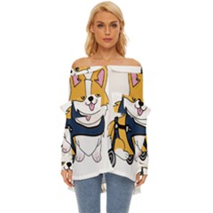 Puppy Cartoon Corgi Off Shoulder Chiffon Pocket Shirt by Semog4