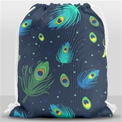 Blue Background Pattern Feather Peacock Drawstring Bag (large) by Semog4