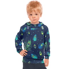 Blue Background Pattern Feather Peacock Kids  Hooded Pullover by Semog4