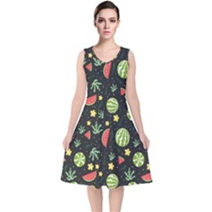 Watermelon Berries Patterns Pattern V-neck Midi Sleeveless Dress  by Semog4