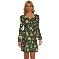 Watermelon Berries Patterns Pattern Long Sleeve Waist Tie Ruffle Velvet Dress by Semog4