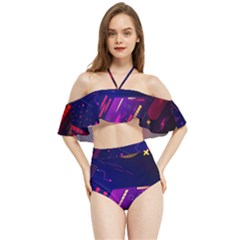 Colorful Abstract Background Creative Digital Art Colorful Geometric Artwork Halter Flowy Bikini Set  by Semog4