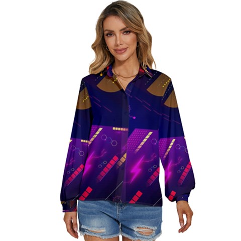 Colorful Abstract Background Creative Digital Art Colorful Geometric Artwork Women s Long Sleeve Button Down Shirt by Semog4