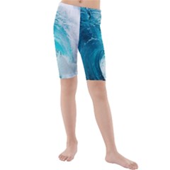 Tsunami Big Blue Wave Ocean Waves Water Kids  Mid Length Swim Shorts by Semog4