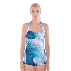 Tsunami Big Blue Wave Ocean Waves Water Boyleg Halter Swimsuit  by Semog4