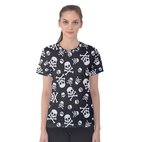 Skull-crossbones-seamless-pattern-holiday-halloween-wallpaper-wrapping-packing-backdrop Women s Cotton Tee by Ravend