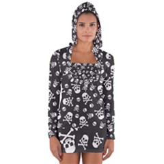 Skull-crossbones-seamless-pattern-holiday-halloween-wallpaper-wrapping-packing-backdrop Long Sleeve Hooded T-shirt by Ravend